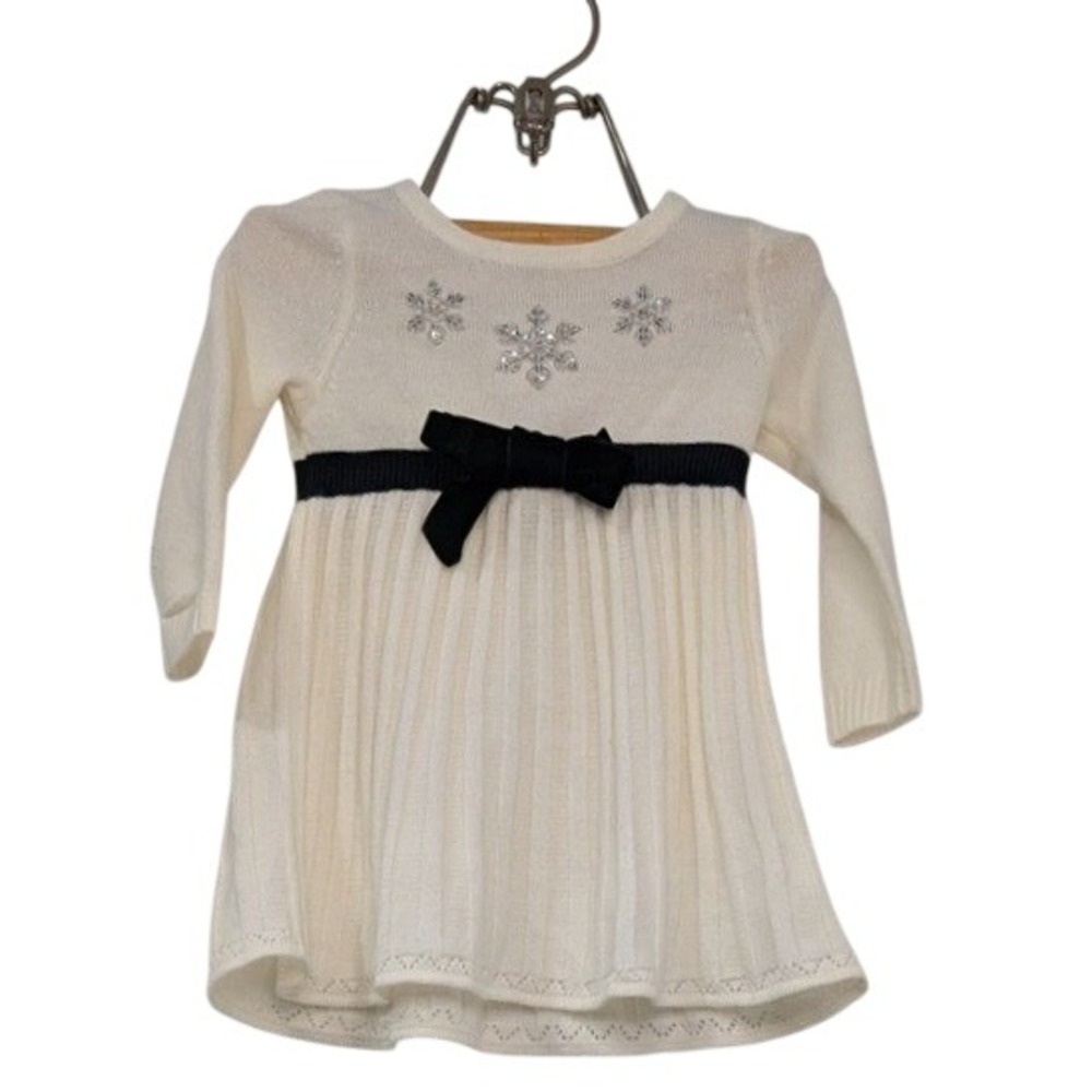 Sophie Rose Baby Girls White Snowflake Sweater Dress Black Bow Pleated 6-9MO